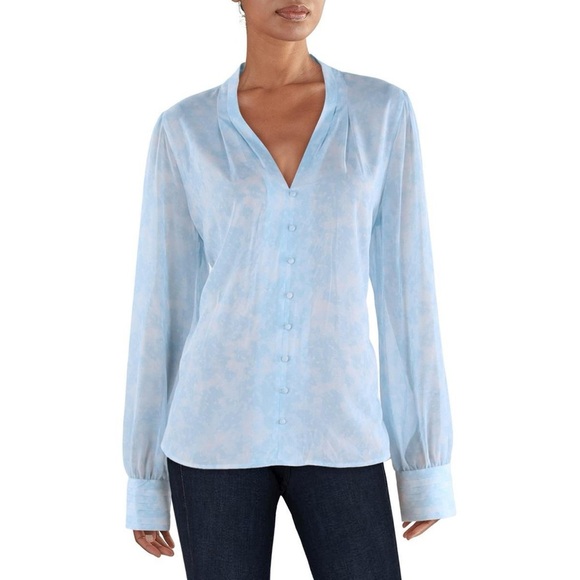 Calvin Klein Printed V-Neck Blouse - Size L - Blue - NWT - Picture 1 of 11